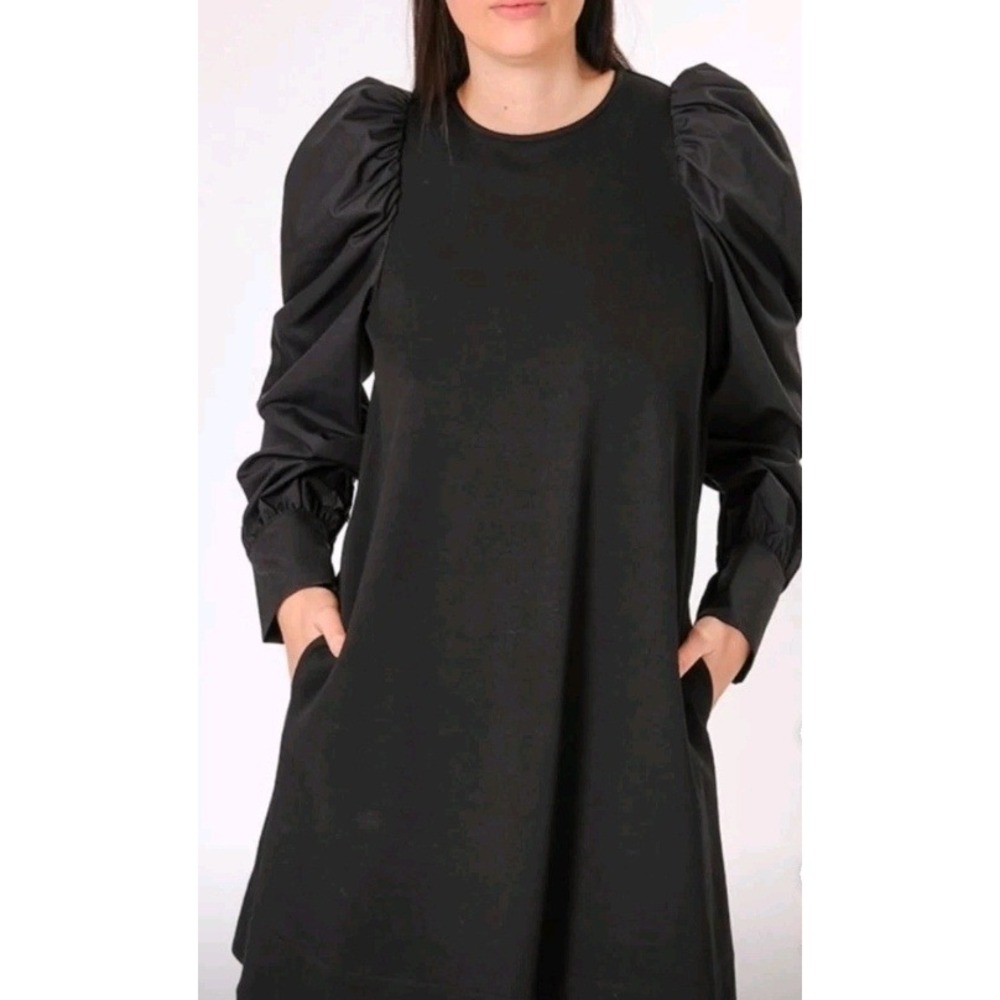 Area Stars Dress Puff Longsleeve Shift Mini Pockets XS NWT Black Couture Chic